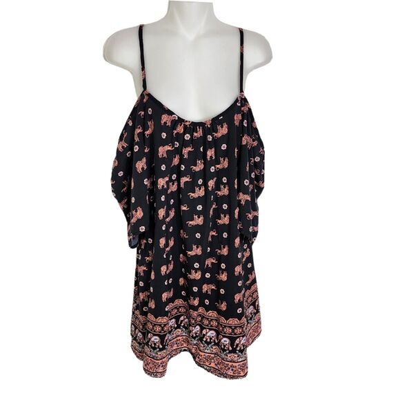 Rue 21 Women Mini Dress Medium Cold Shoulder Elephant Black Pink Spaghetti Strap - Picture 3 of 10
